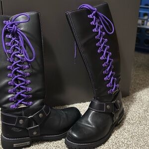 Black and Purple Lace Up Boots with Sturdy Soles